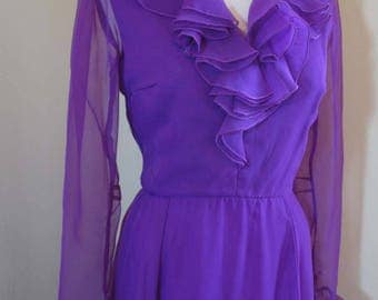 Vintage Purple ruffled maxi Dress vintage Chiffon dress 70s Party maxi dress vintage 70s Purple Miss Elliette Dress M