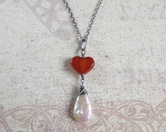 Vintage Silver Pearl Red Agate Heart Necklace