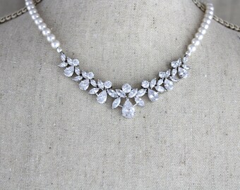 Pearl Wedding necklace, Rose Gold necklace, Wedding jewelry, Bridesmaids necklace, Swarovski necklace, Pearl necklace, Crystal necklace