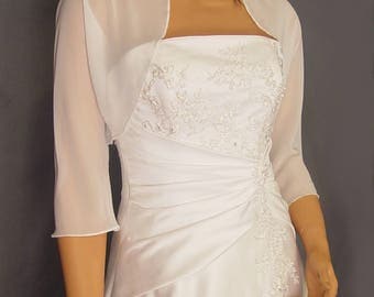Chiffon bolero jacket 3/4 sleeve shrug wedding wrap bridal cover up CBA201 AVAILABLE IN white and 6 other colors. Small - Plus size!