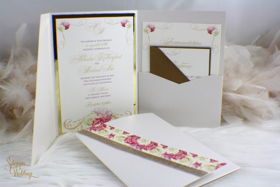 Flower Glam Wedding Invitation | Floral | Glitter | Gold | Pink | Roses | Fabulous | Glitz | Elegant | Romantic | Hydrangeas | Spring Il_570xn