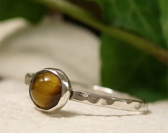 Tigers Eye Ring, Sterling Silver Natural Gemstone Cabochon Stacking Ring, Brown Semi Precious Stone Ring, Solitaire Silver Ring Gift