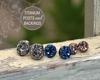 Faux Druzy Stud Titanium Earrings. 3 Pair Set Drusy Glitter Posts. Galaxy Collection. Dark Silver, Blue-Black, Rose Bronze Metallic