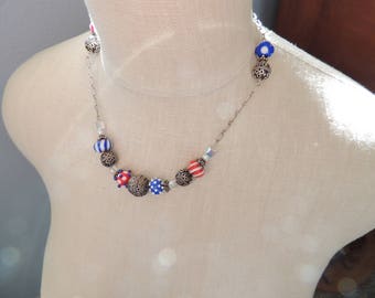 Red, White and Blue Artisan Lampwork Necklace with Sterling Silver