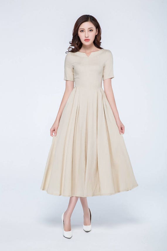 Linen summer dress cream dress short sleeves dress pleated