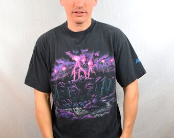 Vintage 90s Lightning Wolf Howl Moon Black Tee Shirt Tshirt
