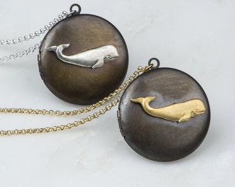 Beluga Whale Necklace, Gold Whale Locket, Large Beluga Necklace Vintage Locket, Long Nautical Locket, Long Whale Pendant Gold, Whale Jewelry
