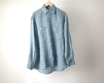 LINEN light turquoise 90s SAFARI long sleeve button up shirt