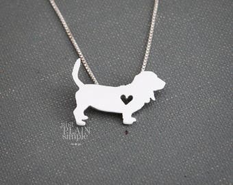Basset Hound necklace, tiny sterling silver hand cut pendant with heart, tiny dog breed jewelry