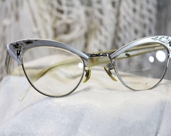 Vintage Cat Eye Glasses, Silver Cat Eye Frames - M
