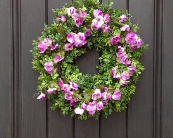 Spring Wreath-Summer Wreath-Grapevine Door Wreath-Boxwood-Purple Sweet Pea-Artificial Materials-Indoor/Outdoor Decoration