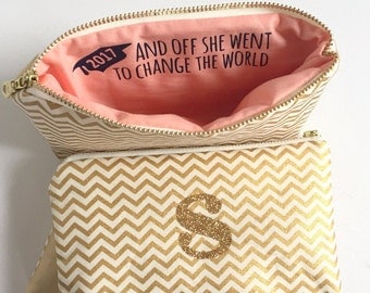 Personalized Graduation Gift for Her / Makeup Bag with Inspirational Quote & Monogram
