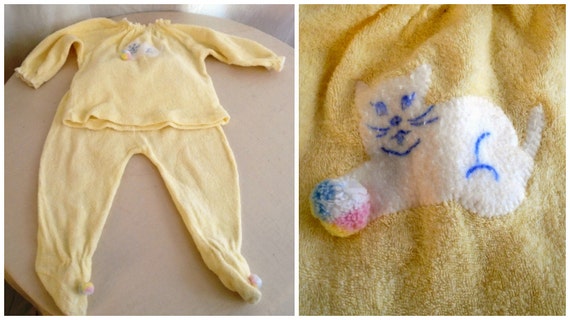 Vintage Baby Romper 1960's Sleep Set with Cat Appliqué Footie Pajamas