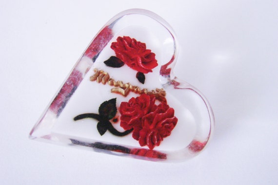 Items similar to 40s Clear Lucite Carved Floral Rose Heart Brooch ...