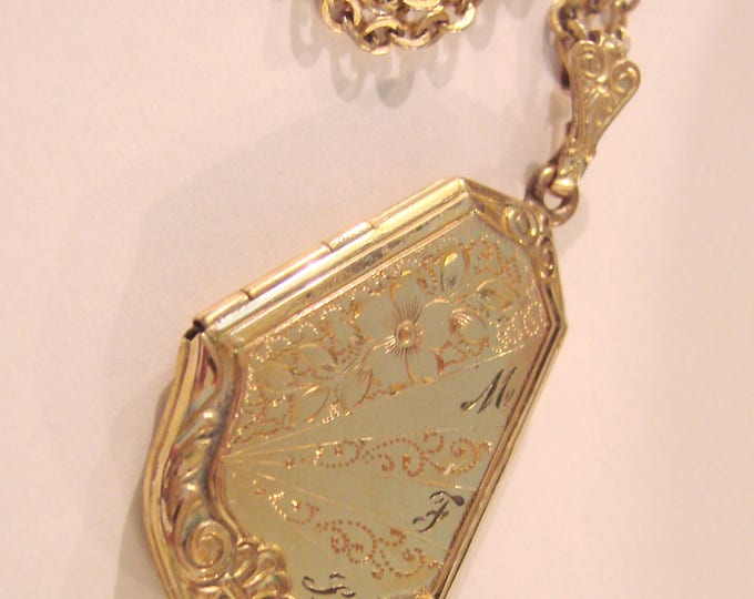 Antique Victorian Floral Embossed Locket & Chain / Floral Engraving / Monogram MFL / Vintage Jewelry / Jewellery