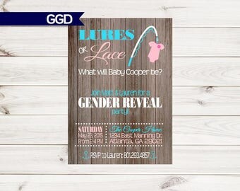 Lures or Lace Gender Reveal Party Invitation, Boy or Girl, Blue or Pink, He or She, printable invitation, rustic gender reveal-020