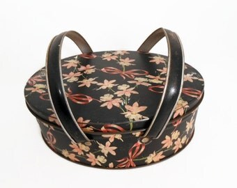Vintage Oval Tin Box - Black Floral Tin - Tin Box with Handles - Decorative Box - Storage - Trinkets - Sewing Box - Cookie Tin