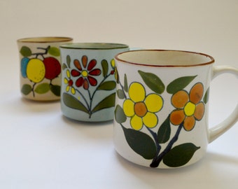Set of Three Vintage Patterned Pottery Mugs
