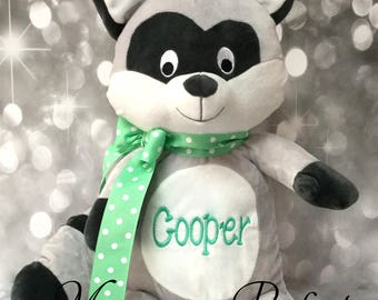 Jumbo Personalized Raccoon Stuffed Animal (Mint Green Polka Dot)