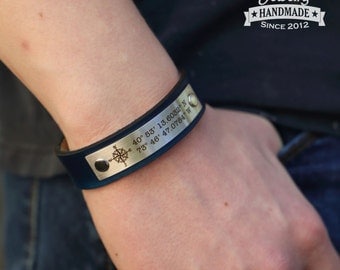 Custom Coordinates Mens Personalized Leather Bracelet Longitude Latitude Leather GPS Coordinates Gift for Him Father's Day