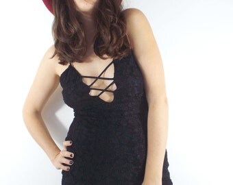 Vintage 90s Black Lace Deep V Bodycon Mini Dress