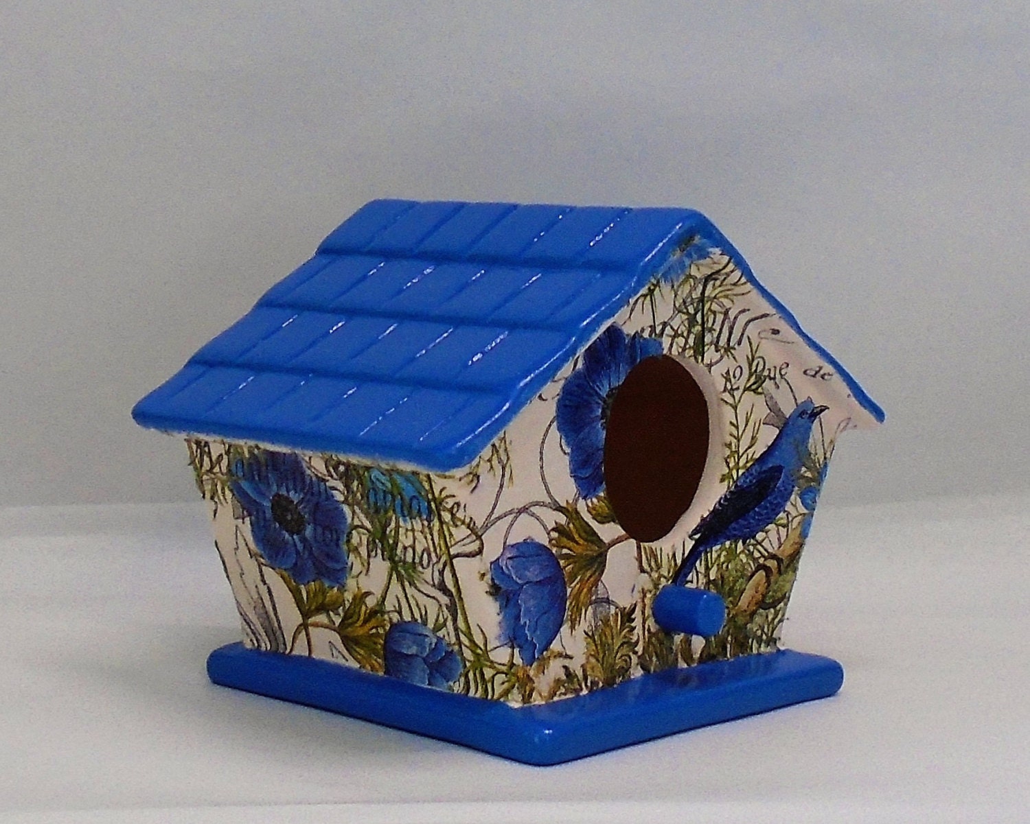 Handmade Ceramic Decoupage Birdhouse Bluebirds Floral