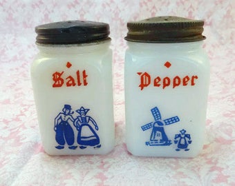 Vintage Dutch Milk Glass Salt and Pepper Shakers Windmills Boy and Girl Red White and Blue Made in USA
