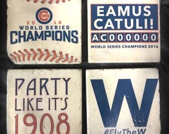 Chicago Cubs Coasters/Tiles - Set of 4. World Series Champions - Tumbled Marble 4in. x 4in.