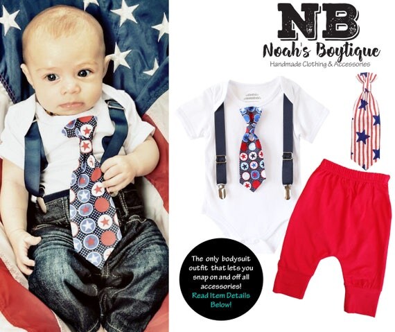 Baby Boy 4th of July Outfit - Fourth of July Shirt - Newborn Fourth of July - Patriotic Memorial Day - Toddler - Infant - Star Tie Suspender Il_570xn