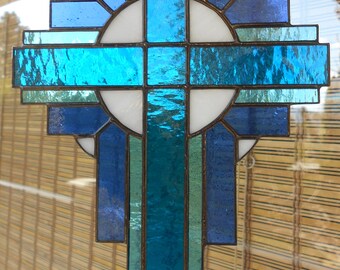 Stained Glass Cross Suncatcher, Aqua #111