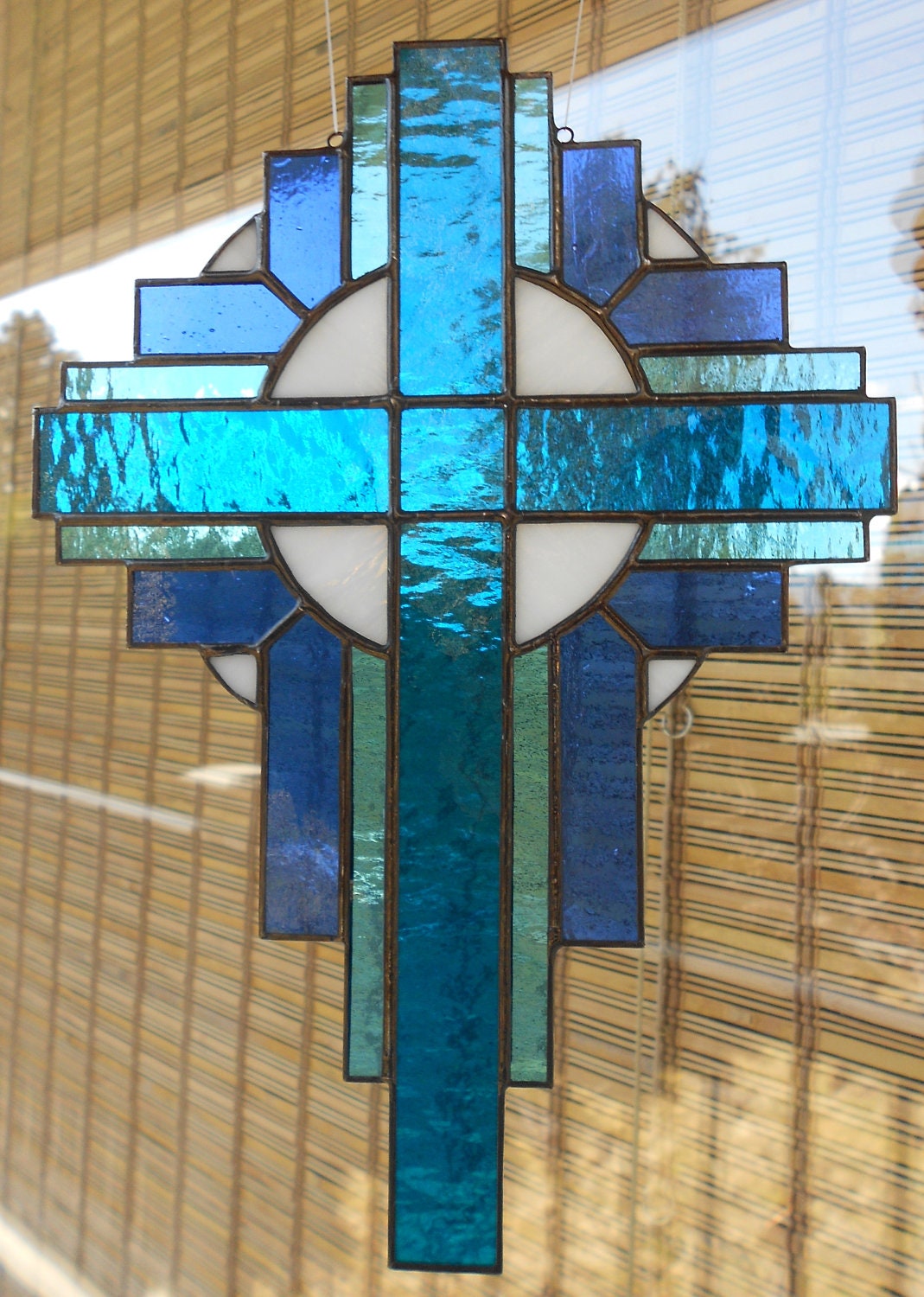 Stained Glass Cross Suncatcher Aqua 111