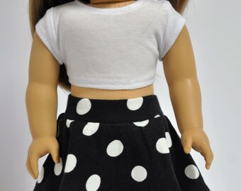 Black and White Polka Dot Skater Skirt and White Short Sleeve Crop Top 18 inch Doll Clothes fits dolls such as American Girl doll clothes