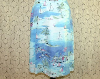 Womens Summer Skirt Novelty Print Skirt Petite Size 6 Skirt Cotton Skirt Midi Skirt Palm Trees Sailboats Cruise Resort Wear Womens Clothing