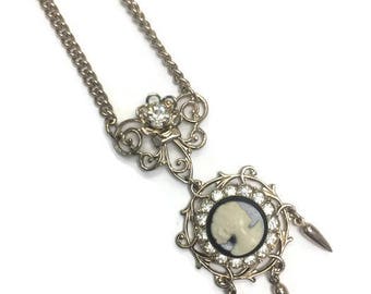 Vintage Cameo Pendant Necklace, Filigree and Rhinestone Accents, Victorian Revival, Costume Jewelry