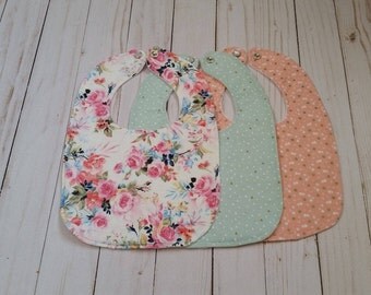 Baby girl bibs, set of three bibs, peach, floral, and mint, monogrammed girl bib