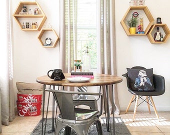 36" Round industrial chic kitchen table with handcrafted wood top and steel hairpin legs, Modern dining table