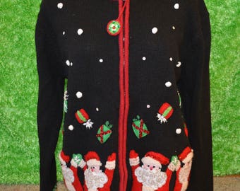 Medium vintage, Sexy, Ugly Christmas Sweater, Vintage with happy santa's, grandma sweater, ugly sweater party