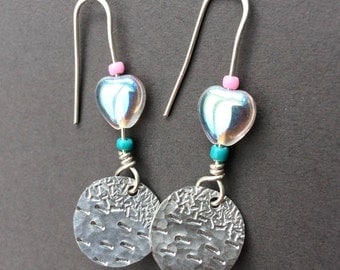 Small round handmade earrings with heart bead