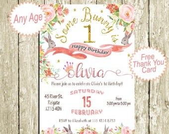 Bunny Birthday Invitations for girls First Birthday Party Invitation Gold pink coral Birthday Invitation DOWNLOAD 2nd 3rd 4th 5th 6th 7th