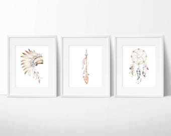 Dream Catcher Print - Arrow Art - Watercolor Art - Indian Headdress - Native American Prints - Feather Arrows - Printable Set of 3