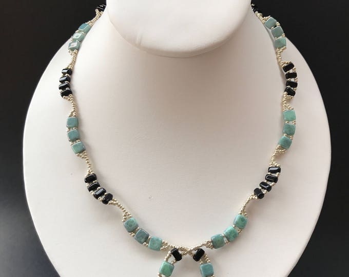 Blue black necklace, tila beaded necklace, tila necklace, turquoise black necklace, tila necklace, blue necklace