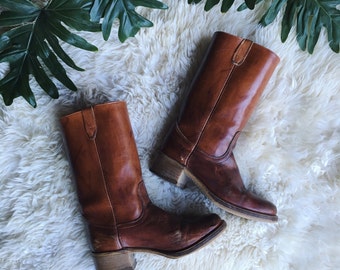 70's Acme Dingo Boots Mens size 10 1/2 D, Distressed Leather Boots, 1970's Campus Boots, Engineer Motorcycle Brown Leather Cowboy Boots