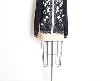vintage 80s 50s sweater, beaded cardigan, black sweater, wool sweater, beaded sweater, black and white, 80s 50s jumper, beaded jumper, XL