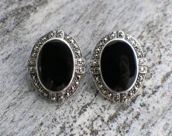 Sterling Silver Black Oval and Marcasite Earrings