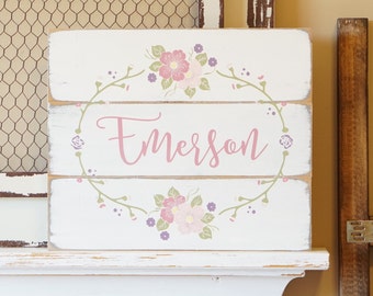 Custom Name Sign Nursery Wall Art Hand painted Flowers Shabby Chic Baby Girl Personalized Baby Gift Girls Room Pink Nursery Floral Decor