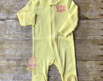 Personalized Zip Up Footie Pajamas for Baby Toddler Sleeper Jammies Monogrammed Boys or Girls