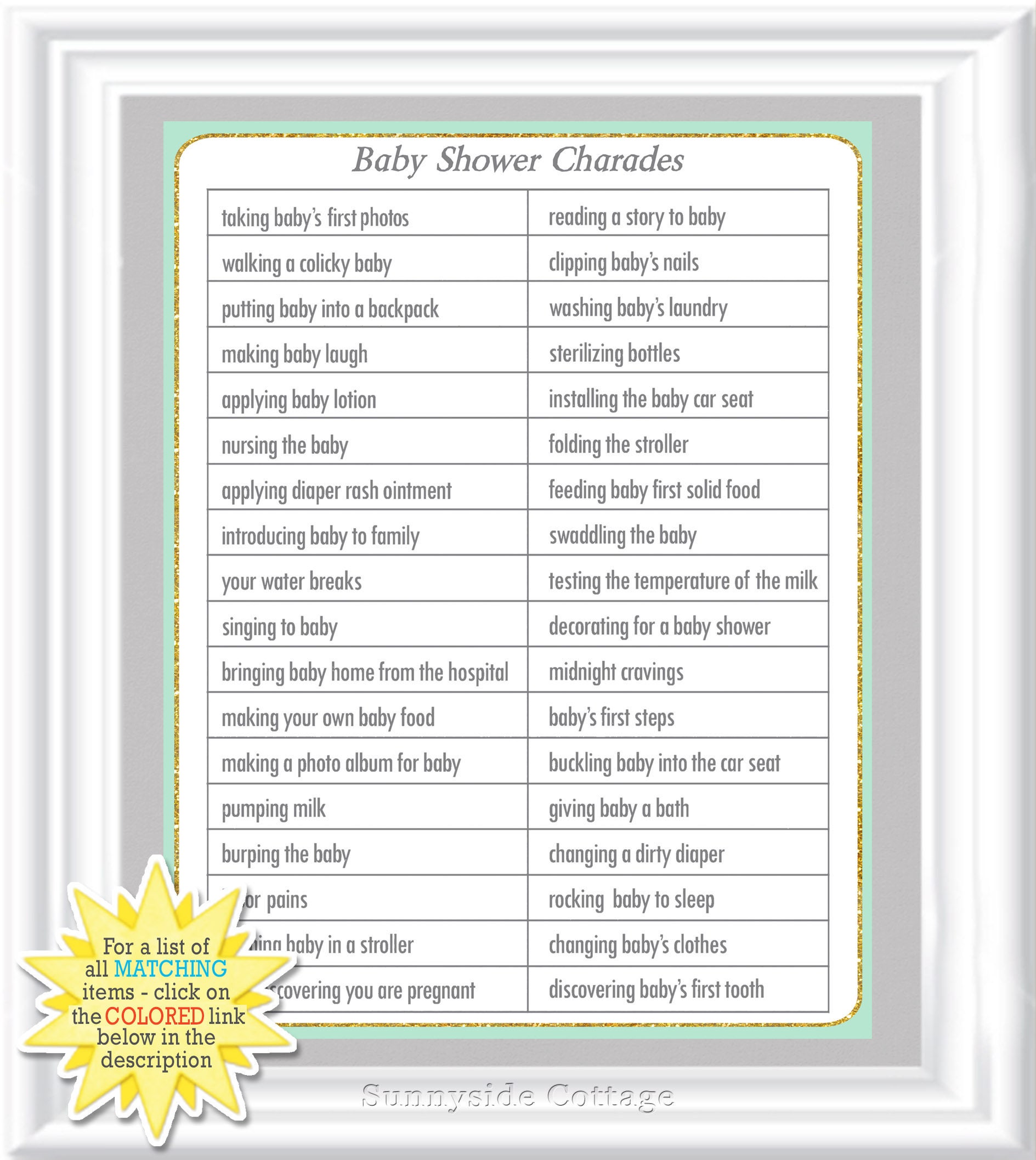 Baby CHARADES game Baby Shower Charades with mint green