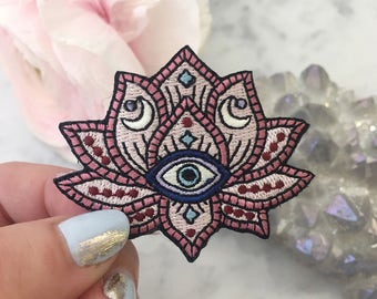 Lotus - Evil Eye Patch - Iron On Embroidered Patches - Mystical - Bohemian - Festival - Free Spirit - Blush Pink