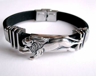 Lion Black Men's Bracelet, Stainless Steel and Black Rubber Lion Bracelet, Black Men's Bracelet, Wedding, Birthday, Gift for Him