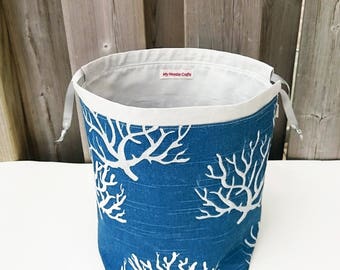 Knitting Project Bag in denim blue coral print, Two at a Time Knitting Bag, Yarn Organizer, Drawstring Bag - Medium Socksack